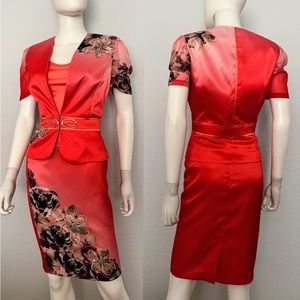 NWT POLEN POE FORMAL SATIN 3 PC SKIRT SUIT JACKET/SKIRT/TOP FLORAL SHORT SLEEVES